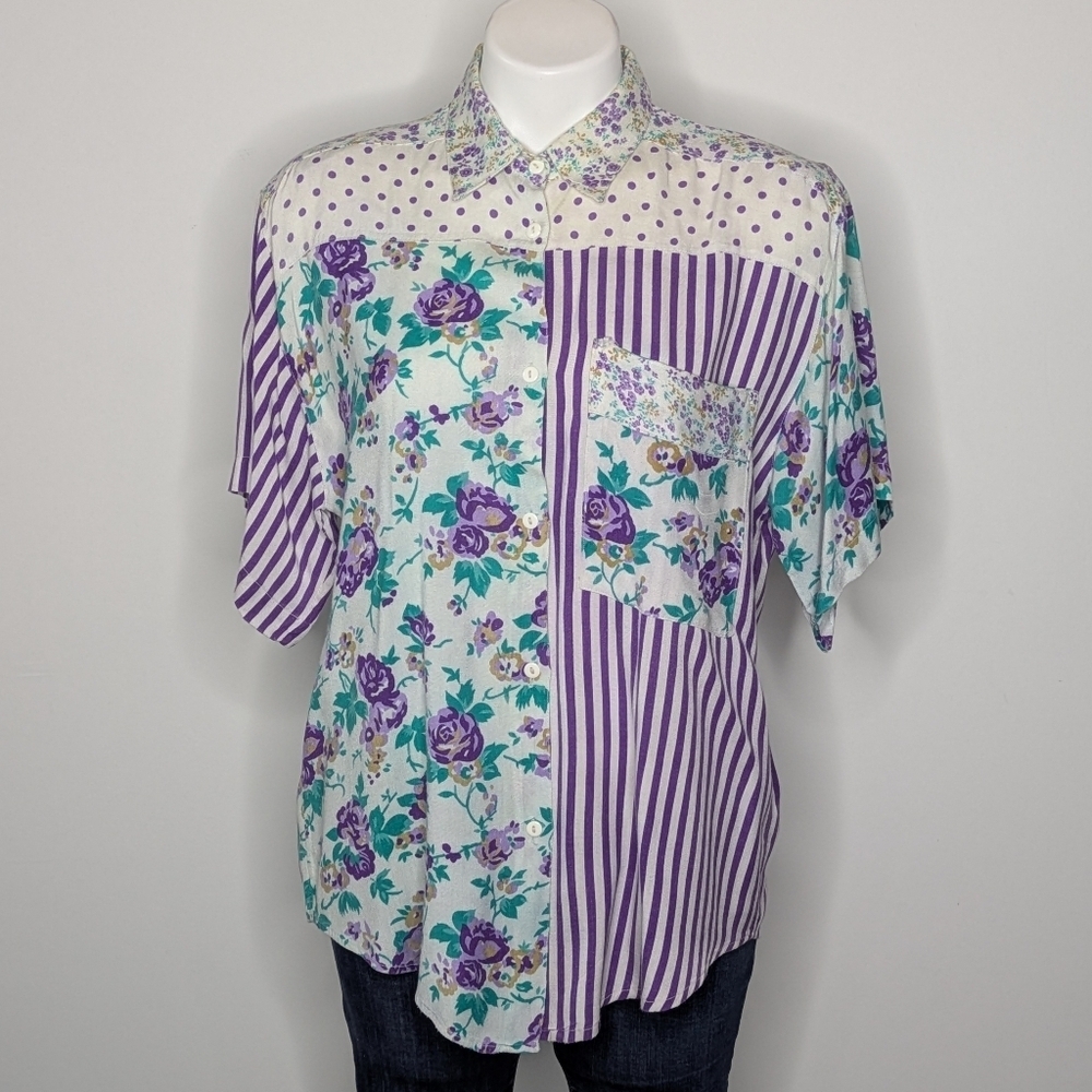 Vintage Andrew Sports White Purple Floral Mixed Print Short Sleeve Button Up S